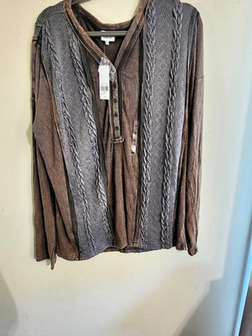 BKE Vintage Wash Cable Knit Mixed Media Henley Top Size XL NWT